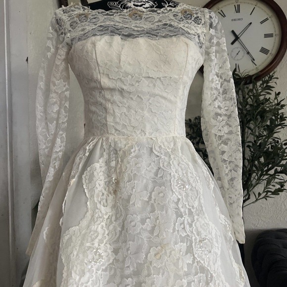 Vtg Bridallure Alfred Angelo 70s lace Bridal wedding dress gown xs tulle Lined - Picture 3 of 16